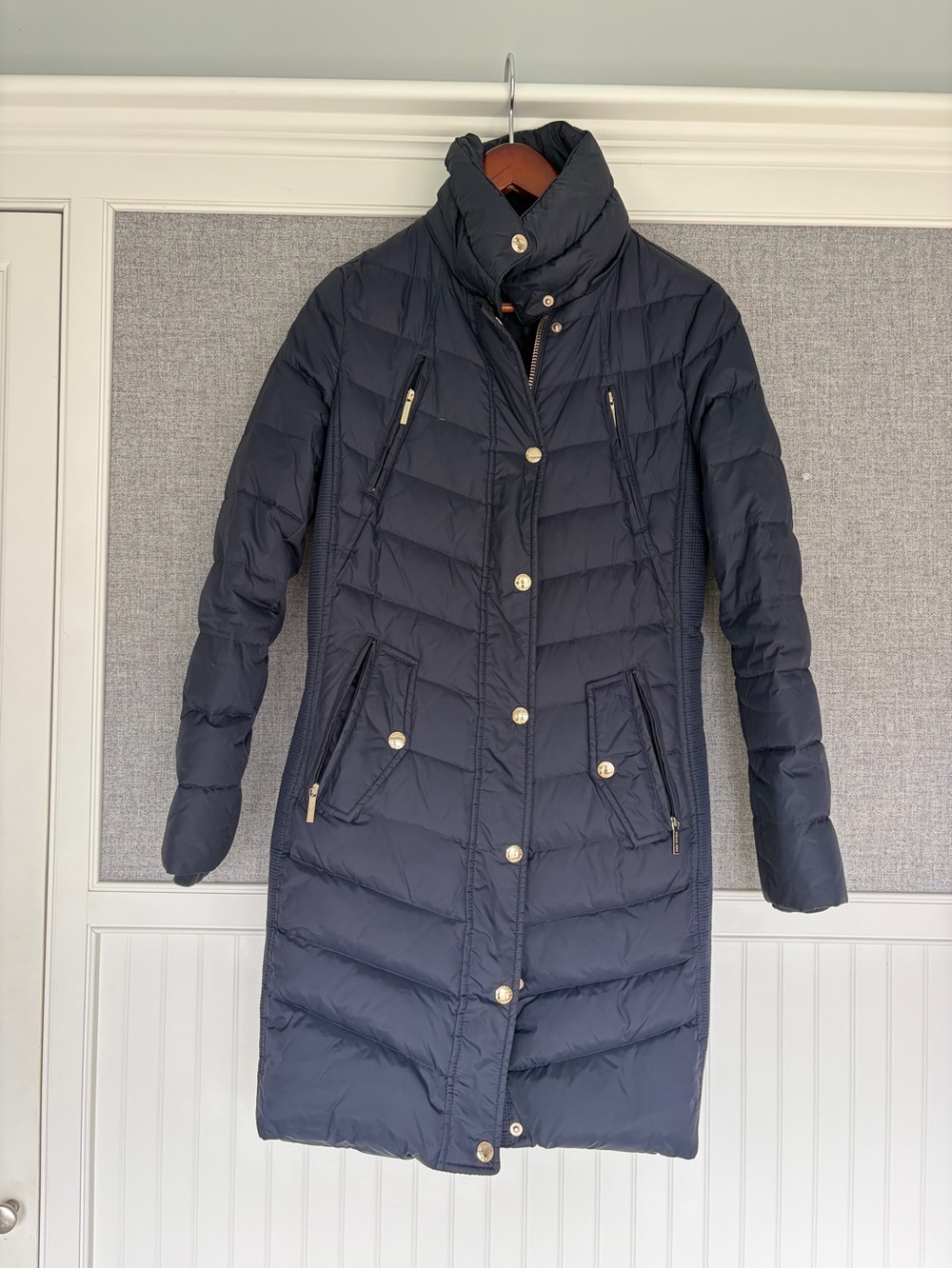 Michael Kors Dark Navy Long Quilted Puffer Coat